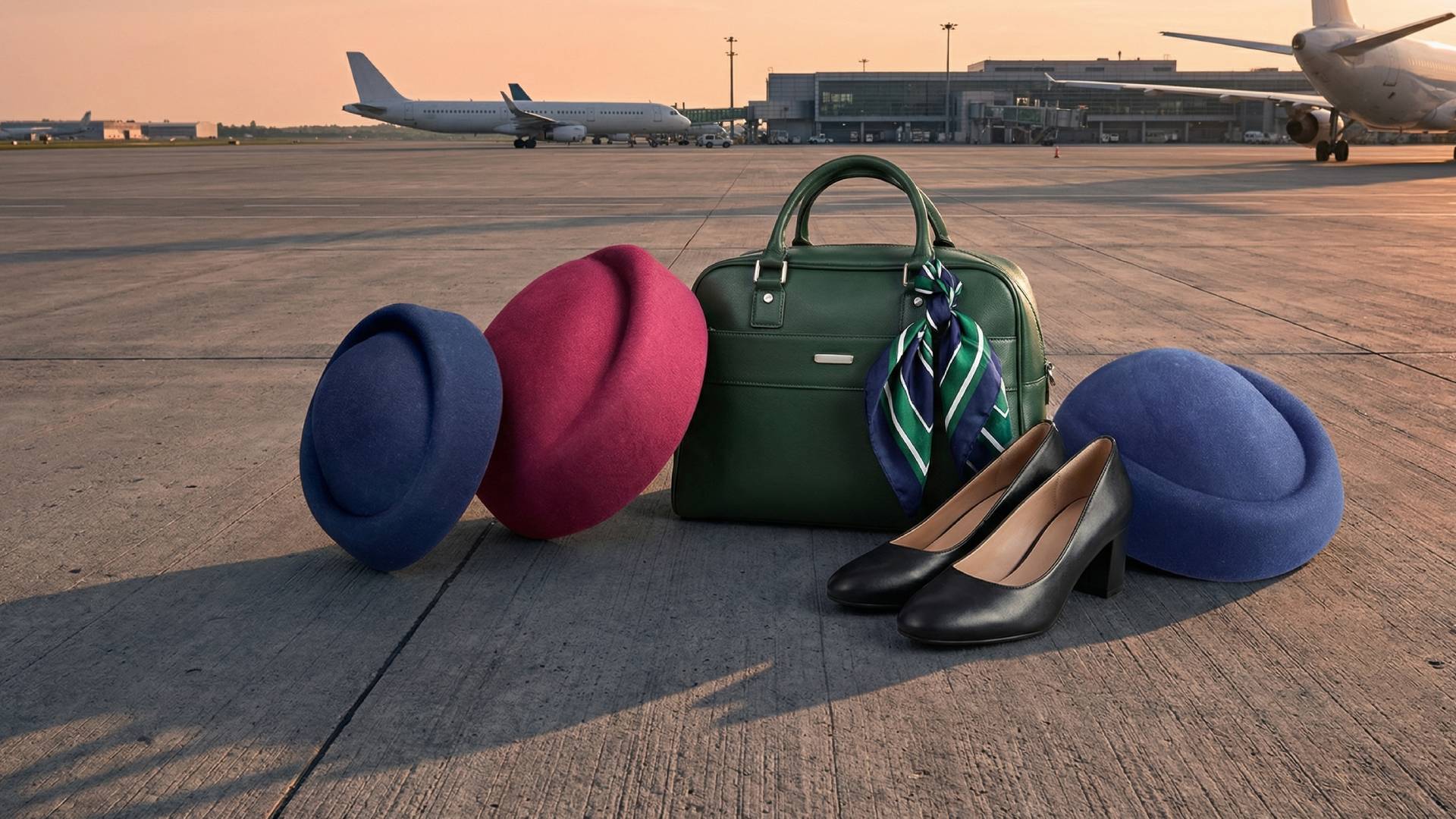 Uniforms Fashion tailored hostess berets in navy, rose, and green displayed on an airport tarmac